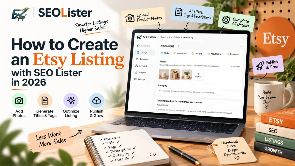 Illustration of creating a new SEO-optimized Etsy listing with AI