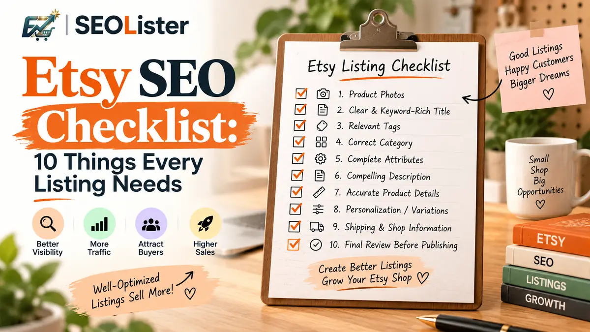 Etsy SEO checklist for titles, tags, attributes, photos, and descriptions