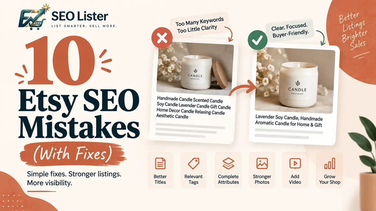 Illustration of common Etsy SEO mistakes and how to fix them